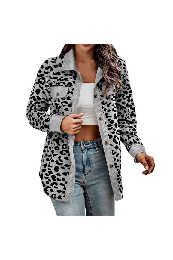 Jackets for Women Casual Fall Leopard Print Shacket Jacket Comfortable Warm Long Sleeve Cardigan Lapels Pocket Button up Outerwear Casual Fashion Mid-Length Blouse