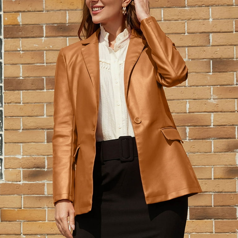 Jacenvly Leather Jacket Women Clearance Lapels Long Sleeve Mid
