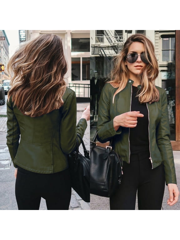 Leather Jacket Women Turndown Collar Long Sleeve Short Blazers for Women Zipper Solid Cardigan Coat Soft Skin-Friendly Cool Trendy Slimming Tops