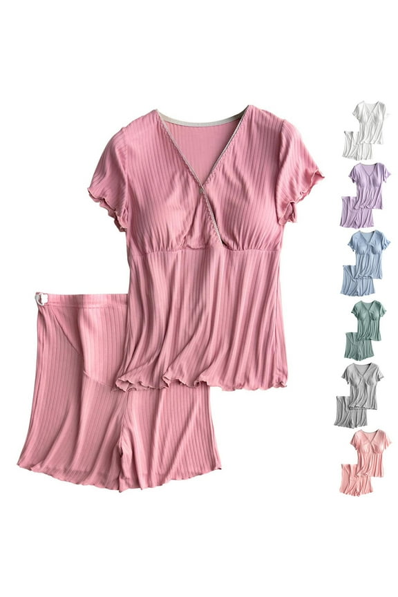 Lounge Sets for Women Plus Size Fashion Pregnant Womens Nursing Color Round Neck Short Sleeve V-Neck Breastfeeding Blouse Shorts Two Piece Set Solid Fast Drying Summer Suit Blue