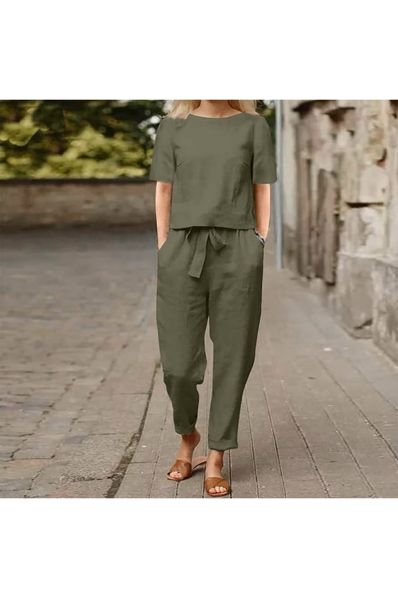 Lounge Sets for Women Plus Size Fashion Women Round Neck Short Sleeve Tops Pants Casual Suit Sets Solid Breathable Summer Suit Army Green