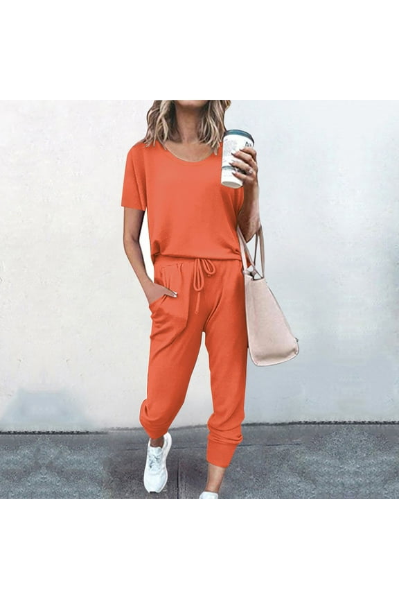 Lounge Sets for Women Plus Size Fashion Women Summer Solid Button Casual Short Sleeve Top+ Pant Set Round Neck Comfortable Summer Suit Orange