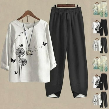 Jacenvly Lounge Sets for Women Plus Size Fashion Women's Summer Printed Half Sleeve Round Neck Cropped Top + Casual Pants Suit Set Two Piece Floral Soft Satiny Summer Suit White