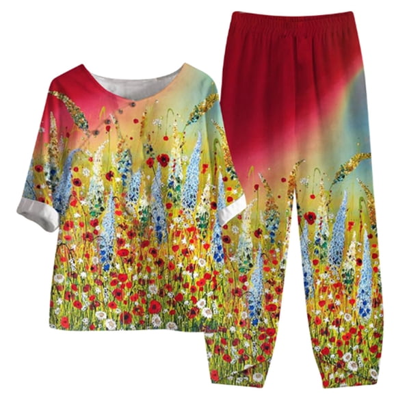 Jacenvly Lounge Sets for Women Plus Size Fashion Women's Summer Printed Half Sleeve Round Neck Cropped Top + Casual Pants Suit Set Two Piece Floral Fast Drying Summer Suit Red