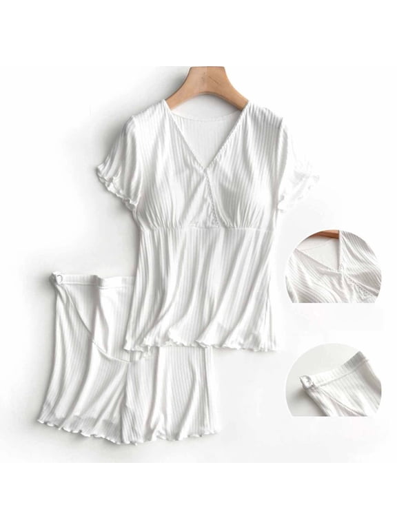 Lounge Sets for Women Plus Size Leisure Pregnant Womens Nursing Color Round Neck Short Sleeve V-Neck Breastfeeding Blouse Shorts Two Piece Set Solid Soft Satiny Summer Suit White
