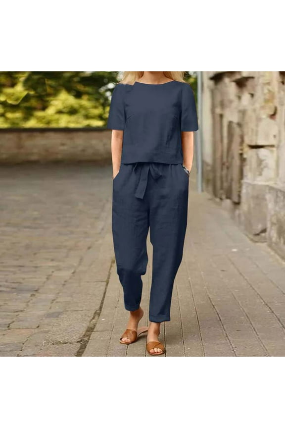 Lounge Sets for Women Plus Size Leisure Women Fashion Round Neck Short Sleeve Tops Pants Casual Suit Sets Solid Skin-Friendly Summer Suit Blue