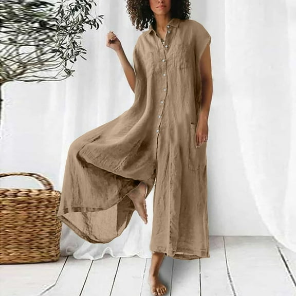 Jacenvly Lounge Sets for Women Plus Size Leisure Women's Solid Color Casual Short Sleeved Medium Length Cotton Linen Shirt Jumpsuit Lapels Fast Drying Summer Suit Khaki