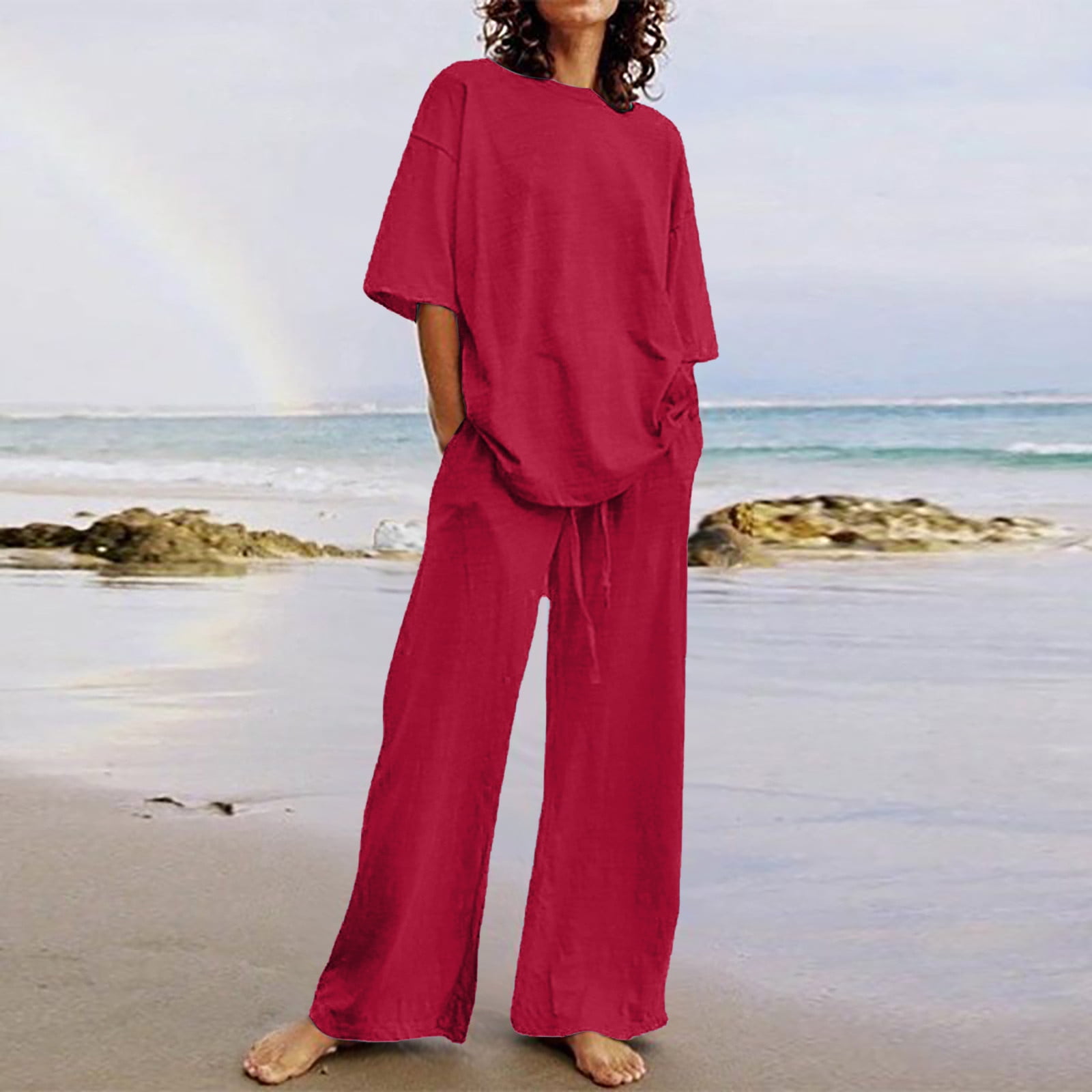 Plus Size Women Summer Vintage Pure Color Loose Suits