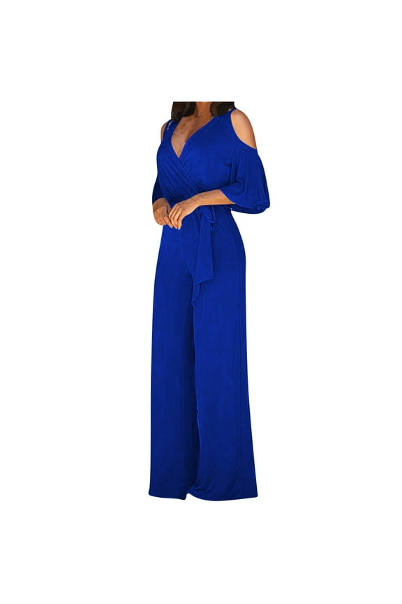 Lounge Sets for Women Plus Size Fashion Womens Wide Leg Pants Solid 3/4 Sleeve V-Neck Tops Jumpsuits Soft Satiny Summer Suit Blue