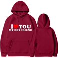 thumbnail image 1 of Jacenvly Matching Couples Sweatshirt Long Sleeve Shirts Heart Pattern Hooded Casual Trendy I Love You My Boyfriend Valentine'S Day Couple Hooded Fleece Pocket Sweater Coat Wine, 1 of 4