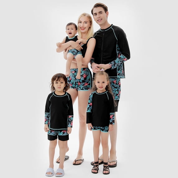 Jacenvly Matching Family Swimsuits Clearance Comfortable Surfing Swimwear Casual Ladies Fashion Plant Flowers Conservative Women'S Vest Split Swimsuit Family Parent-Child Wear Mom Black