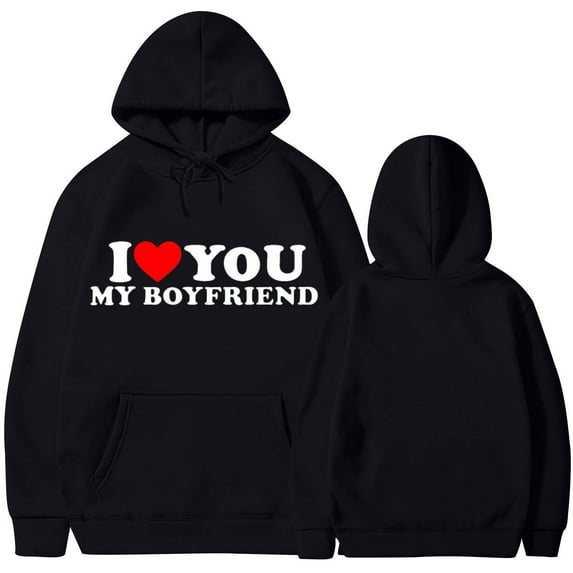 Jacenvly Matching Hoodies for Couples Long Sleeve Shirts Heart Pattern Hooded Loose Casual I Love You My Boyfriend Valentine'S Day Couple Hooded Fleece Pocket Sweater Coat Black
