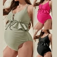 thumbnail image 1 of Jacenvly Maternity Swimsuit Plus Size Soft Cozy Swimwears Trendy Maternity Swimsuit Ribbed One Piece Ruffle Sleeve Bathing Suit Ruched Cut-Out Tie Knot Pregnancy Swimwear Green, 1 of 1