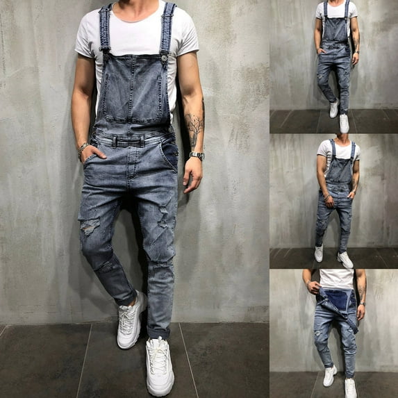 Jacenvly Men'S Pants Long Cargo Pants High Waisted Pocket Plain Trousers for Men Overall Casual Jumpsuit Wash Broken Trousers Suspender Pants