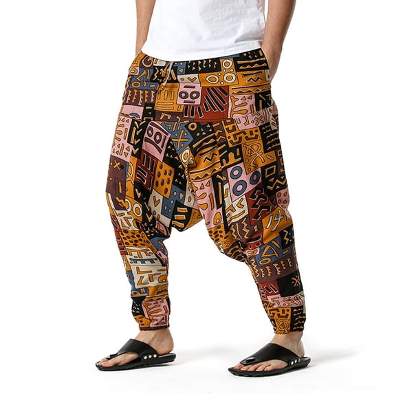 Jacenvly Men'S Pants Long Harem Pants Elastic Waisted Pocket Print Trousers for Men Hippie Pants Boho Trousers Linen Yoga Pants