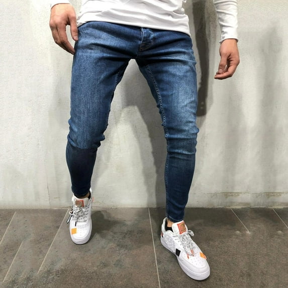 Jacenvly Men'S Pants Denim Long Skinny Pants Mid Waisted Pocket Plain Trousers for Men Casual Fitness Bodybuilding Skin Full Length Sports Pants