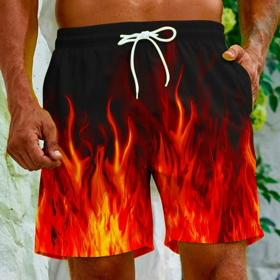 Jacenvly Mens Board Shorts Multicolor Casual Swim Trunks for Men Skin-Friendly Men's Flame Printing Special Print Beach Trouser Shorts Pant Black