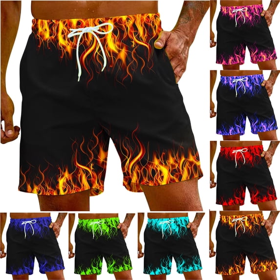 Jacenvly Mens Board Shorts Multicolor Loose Swim Trunks for Men Skin-Friendly Men's Flame Printing Special Print Beach Casual Trouser Shorts Pant Red