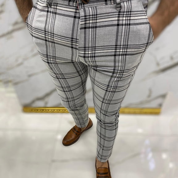 Jacenvly Mens Dress Pants Long Suit Pants Mid Waisted Pocket Square Trousers for Men Dress Pants,Casual Plaid Flat-Front Skinny Business Pencil Pants Pocket
