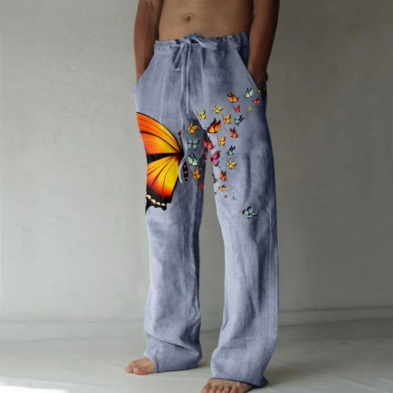 Jacenvly Mens Pants Long Wide Leg Pants Elastic Waisted Drawstring Pocket Print Trousers for Men Casual Printed Lace-Up Casual Pants Full Length Pants