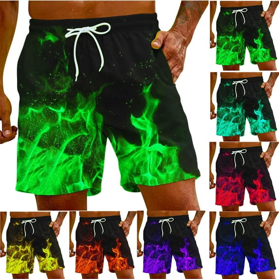 Jacenvly Mens Shorts Multicolor Casual Board Shorts for Men Swimming Soft Satiny Men's Flame Printing Special Print Beach Trouser Shorts Pant Orange