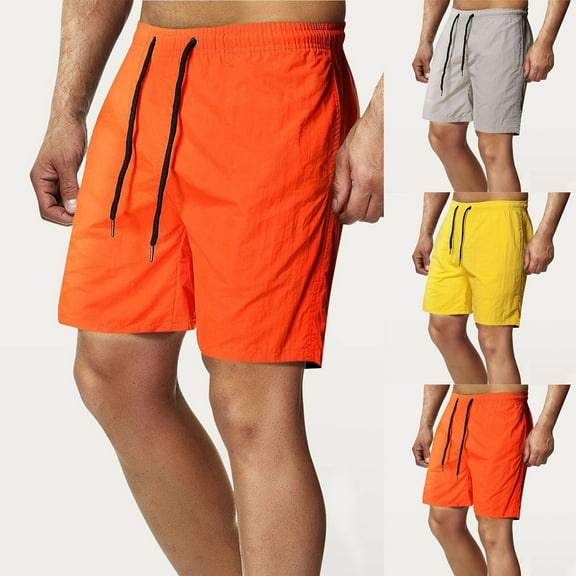 Jacenvly Mens Shorts Solid Loose Board Shorts for Men Swimming Soft Satiny Men's Versatile 5-Minute Dry Color Beach Sports Fitness Shorts Yellow