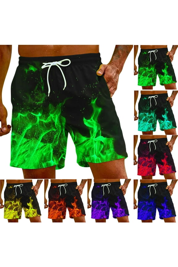 Mens Swim Trunks Contrast Color Trendy Plus Size Board Shorts Quick Drying Men's Flame Printing Special Print Beach Casual Trouser Shorts Pant Orange