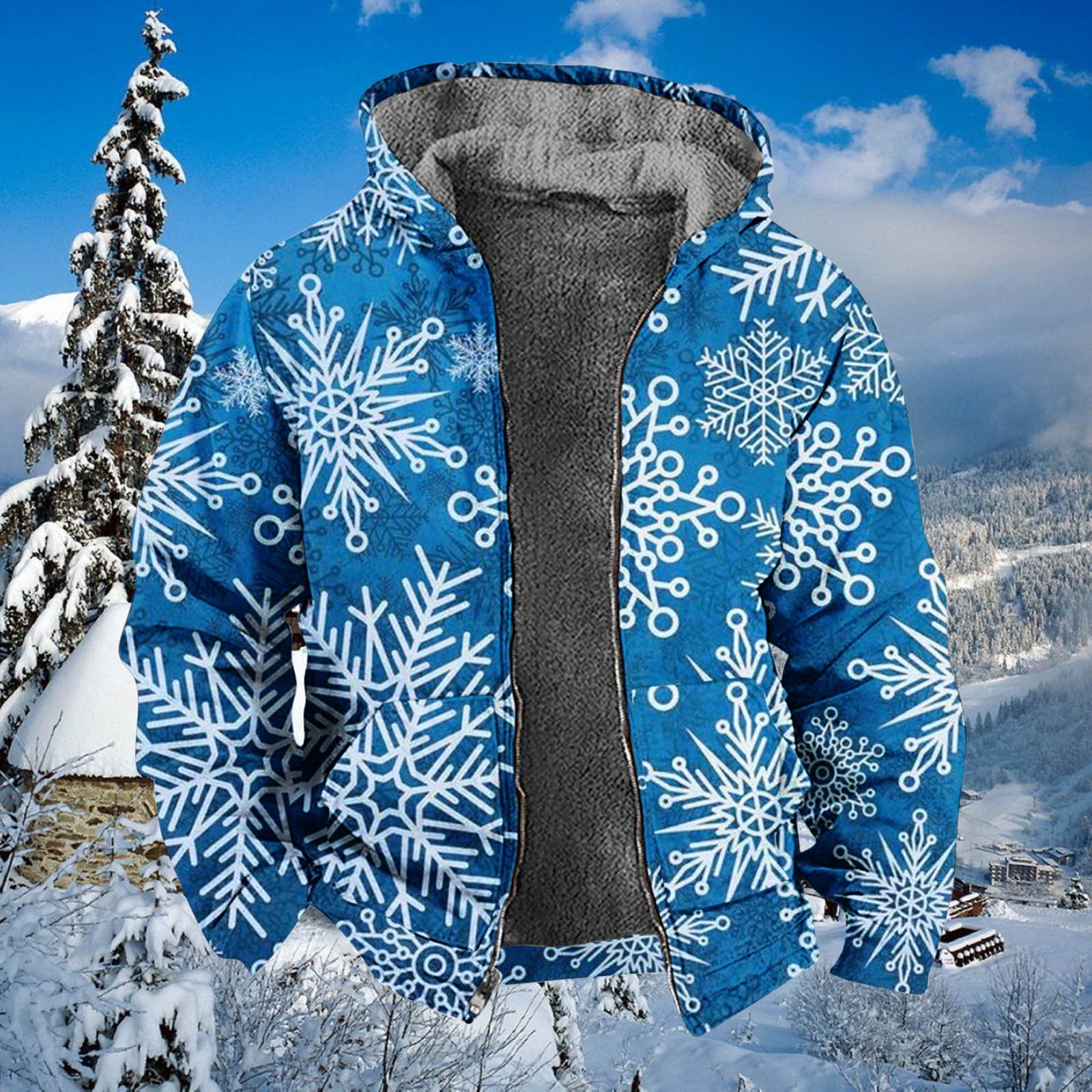 Jacenvly Mens Winter Jacket Clearance Christmas Snowflake Hooded