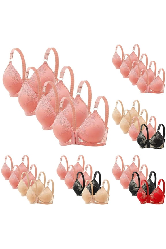 New Bras for Women Plus Size 4Pc Women's Large Lace Breathable Front Opening Bra Wrapped up Cup Side Fold Breast Lift Bra Skin-Friendly Women Bras Plus Size Front Close