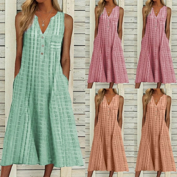 Jacenvly New Casual Dresses for Women Leisure Solid V-Neck Sleeveless Mid-Length Dress Button with Pocket Stretchable Womens Dresses Summer