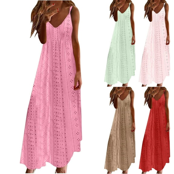 Jacenvly New Casual Summer Dresses for Women Holiday Style Hollow Out Long Dress Solid Color Loose Sleeveless V-Neck Camisole Dress Lightweight Dresses for Women Khaki
