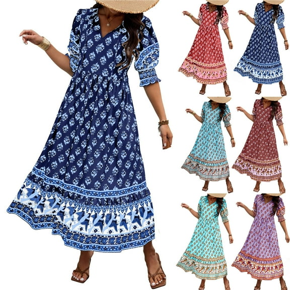 Jacenvly New Casual Summer Dresses for Women Summer Bohemian V-Neck Lace up Fashion Printed Lantern Sleeves High Waist Large Hem Dress Lightweight Loose Dresses for Women Purple