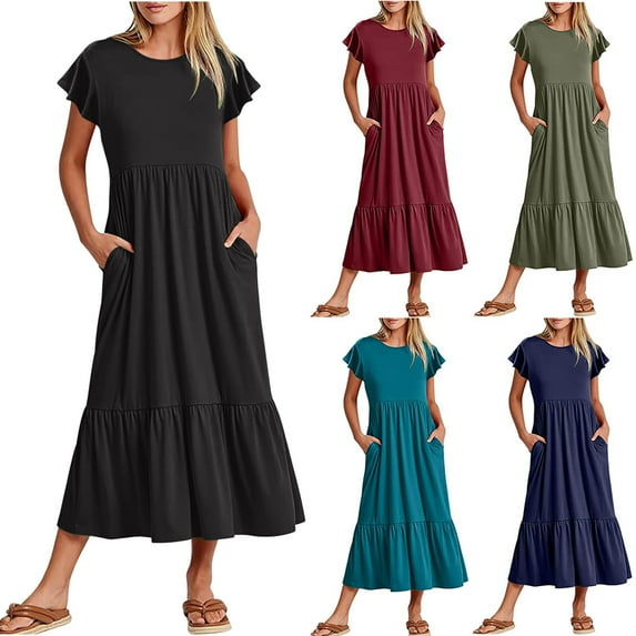 Jacenvly New Casual Summer Dresses for Women Summer Short Sleeve Crewneck Dress Flowy Tiered Maxi Beach Dress with Pockets Lightweight Loose Dresses for Women Wine