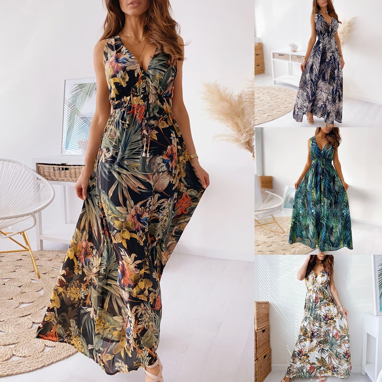 ankle length casual summer dresses Light Green Floral V-neckline Short Sleeves Party Dress, A-line Green –  Cutedressy main image 1