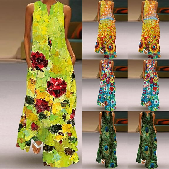Jacenvly New Casual Summer Dresses for Women Long Dress with Striped Floral Print Sleeveless Maxi Dress Lightweight Loose Dresses for Women Yellow
