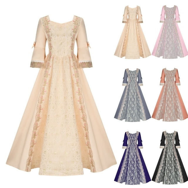 Jacenvly New Christmas Dresses Women Plus Size Women‘S Retro Evening Performance Cos Ball Dress Flare Muslim Long Sleeve Solid Round Neck Long Dresses Women Halloween Dresses