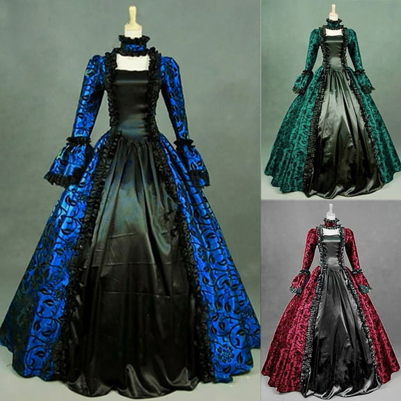 Jacenvly New Cocktail Dresses for Women Fall Winter Gothic Retro Floral Print Ball Gowns Gowns Dress Women Formal Dresses Blue Xxl