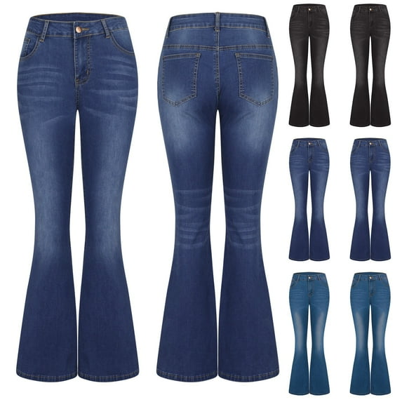 Jacenvly New Denim Pants for Women Long Pants Casual Solid Comfort Waist Flare Pants Mid Waist Comfort Fit Comfort Waist Plus Size Jeans Pocket Black S
