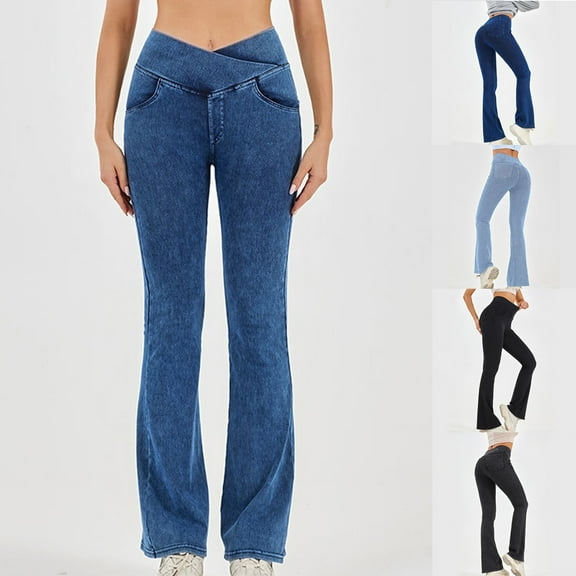 Jacenvly New Denim Pants for Women Long Pants Trendy Solid Elastic Waisted Wide Leg Pants for Women Mid Waist Soft Easy Care Elastic Waisted Pocket Dark Blue L