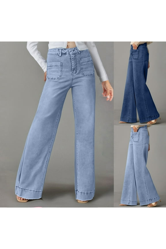 New Denim Pants for Women Long Pants Trendy Solid Elastic Waisted Wide Leg pants for women jeans Mid Waist Comfort Fit Elastic Waisted Pocket Dark Blue XXL