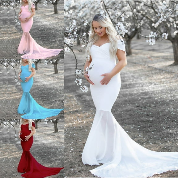 Jacenvly New Dresses Maternity Pictures Long Chiffon Sleeve Tired Mermaid Maternity Dress for Photoshoot Photography Baby Shower Pregnant Clothes Woman Blue S