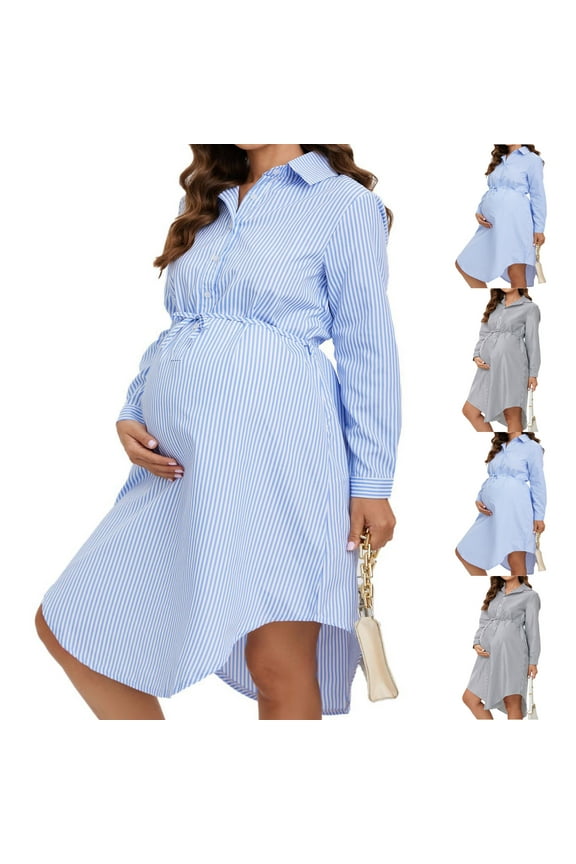New Dresses for Pregnant Long Sleeve Striped Summer Dresses for Women 2025 Comfort Fit New Style Collared Mid-Length Maternity Dress Plus Size Waistband Button Blue L