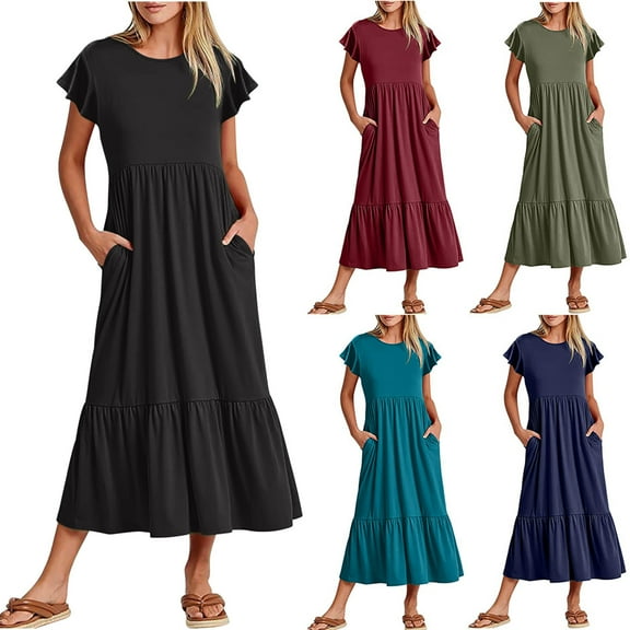 Jacenvly New Dresses for Women 2024 Casual Women'S Summer Short Sleeve Crewneck Dress Flowy Tiered Maxi Beach Dress with Pockets Satiny Soft Long Dresses for Women Blue