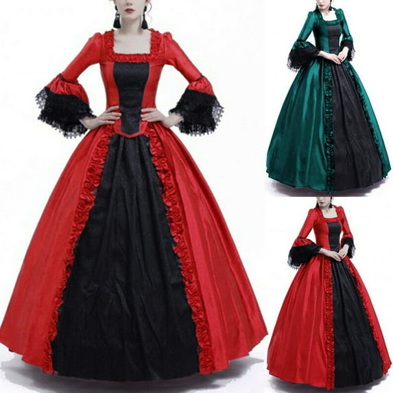 Jacenvly New Dresses for Women Plus Size Women Fall Winter Gothic Retro Floral Print Ball Gowns Flare Sleeve Gowns Dress Women Maxi Dresses Green M