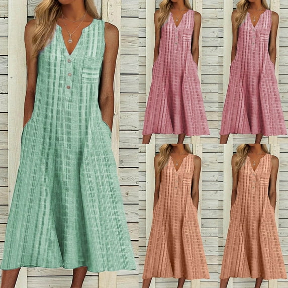 Jacenvly New Dresses for Women Women's Fashion Casual Sleeveless-Neck Button Striped Print Pocket Maxi Dress Summer Dresses for Women