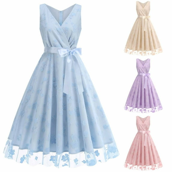 Jacenvly New Formal Dresses for Women European and Round Neck Lace Sleeveless Cocktail Halloween Dress Evening Gown Women Dresses for Summer Light Blue