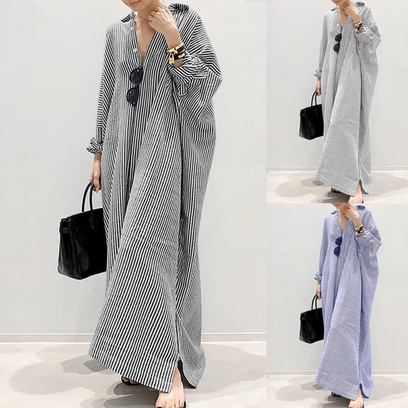 Jacenvly New Formal Dresses for Women Fashion Cotton Stripe Lapel Loose Irregular Cardigan Dress Quick Drying Trendy Beach Dresses for Women 2024 Vacation Black