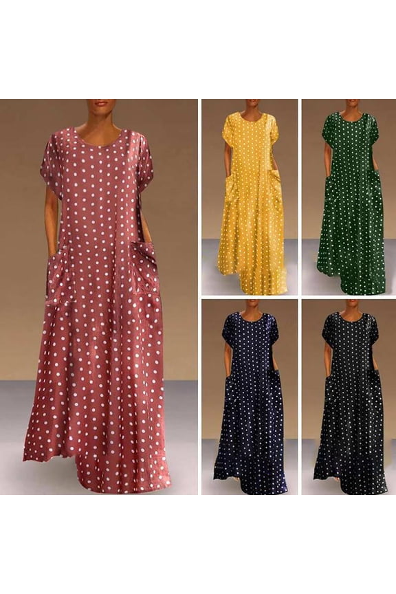 New Formal Dresses for Women Plus Size Loose Short Sleeve Holiday Pockets Polka Print Maxi Dresses Quick Drying Trendy Beach Dresses for Women 2024 Vacation Black