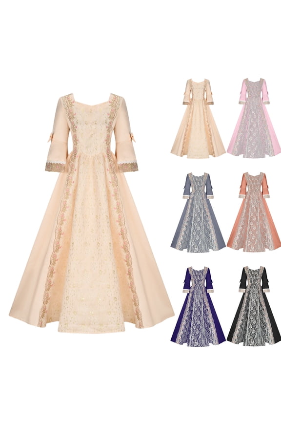 New Formal Dresses for Women Plus Size WomenāS Retro Evening Performance Cos Ball Dress Flare Muslim Long Sleeve Solid Round Neck Long Dresses Women Dresses for Summer