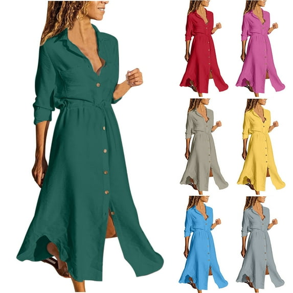 Jacenvly New Formal Dresses for Women Solid Color Single Breasted Lapel Drawstring Shirt Dress Cotton Linen Dress Quick Drying Trendy Beach Dresses for Women 2024 Vacation Yellow